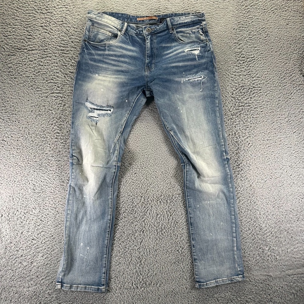 Kloud9 Jeans Mens 36x32 Blue Cotton Denim Straight Whiskered Distressed Stretch